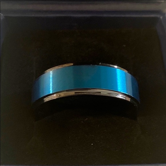 8mm Black Tungsten Carbide sea Blue Brushed center wedding Ring for Men - Picture 9 of 11